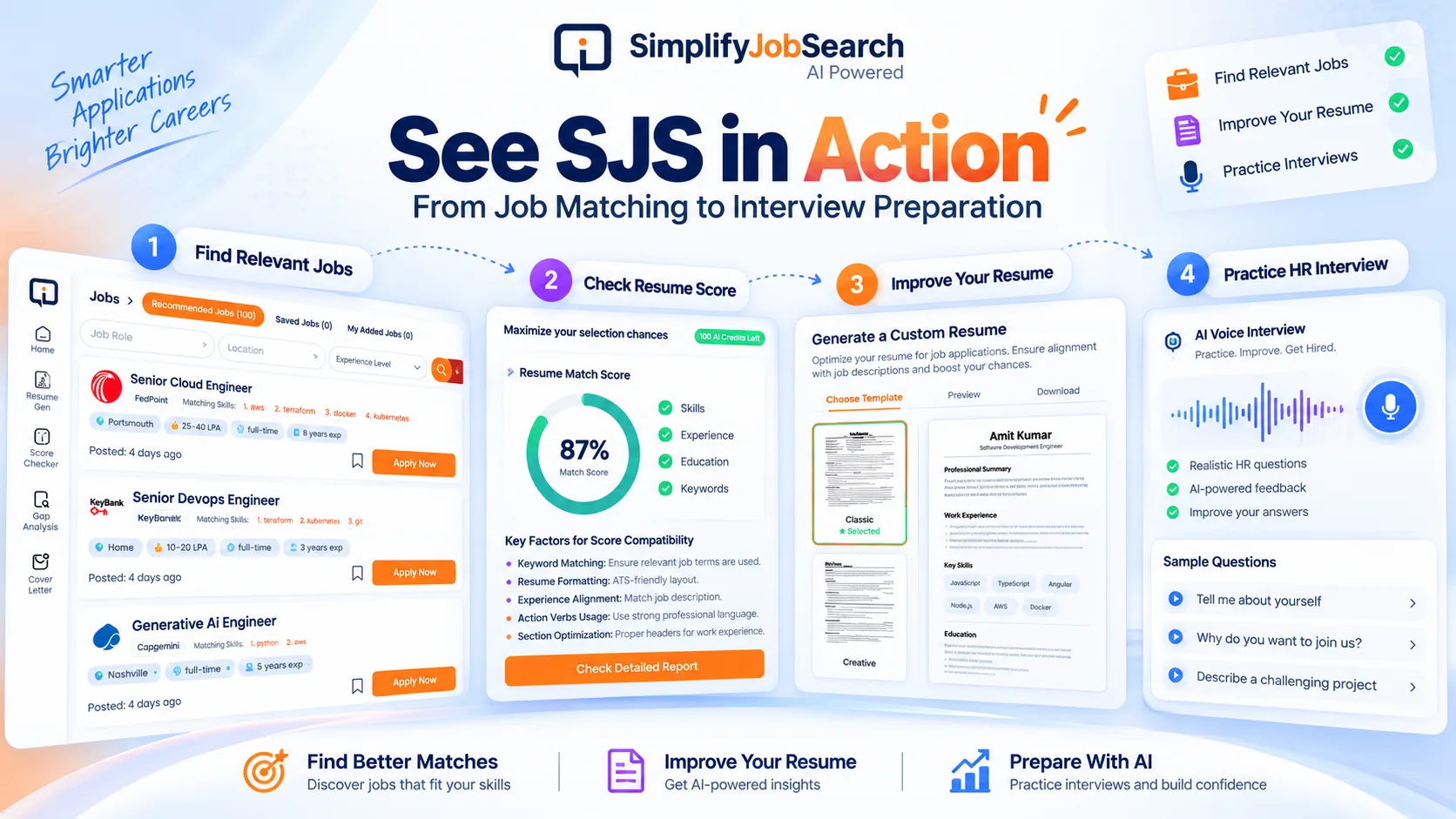 Simplify Job Search candidate demo showing job matching, resume checking, resume creation and AI interview practice