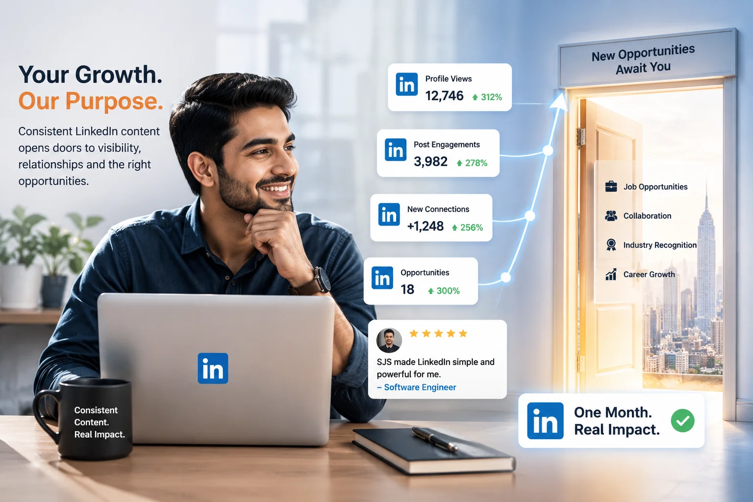 Professional LinkedIn growth including visibility, network engagement and career opportunities