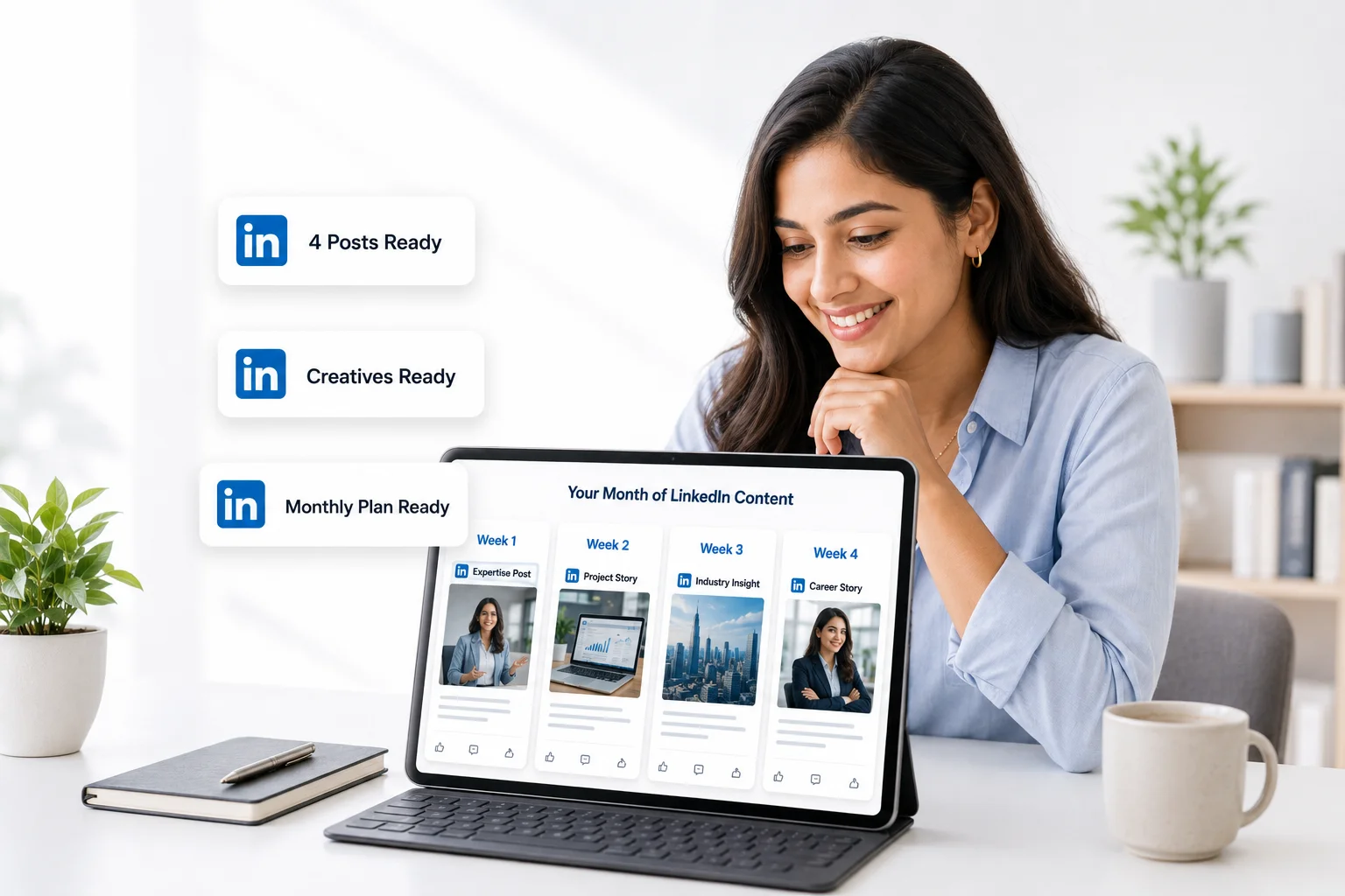 Monthly LinkedIn content plan with four personalized posts and professional creatives