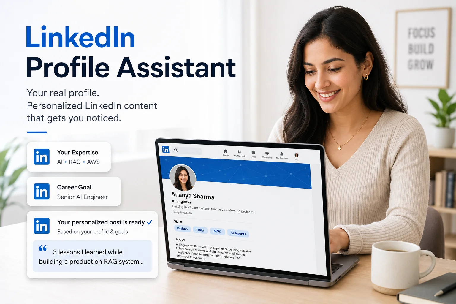 LinkedIn content personalized from a professional profile, expertise and career goals
