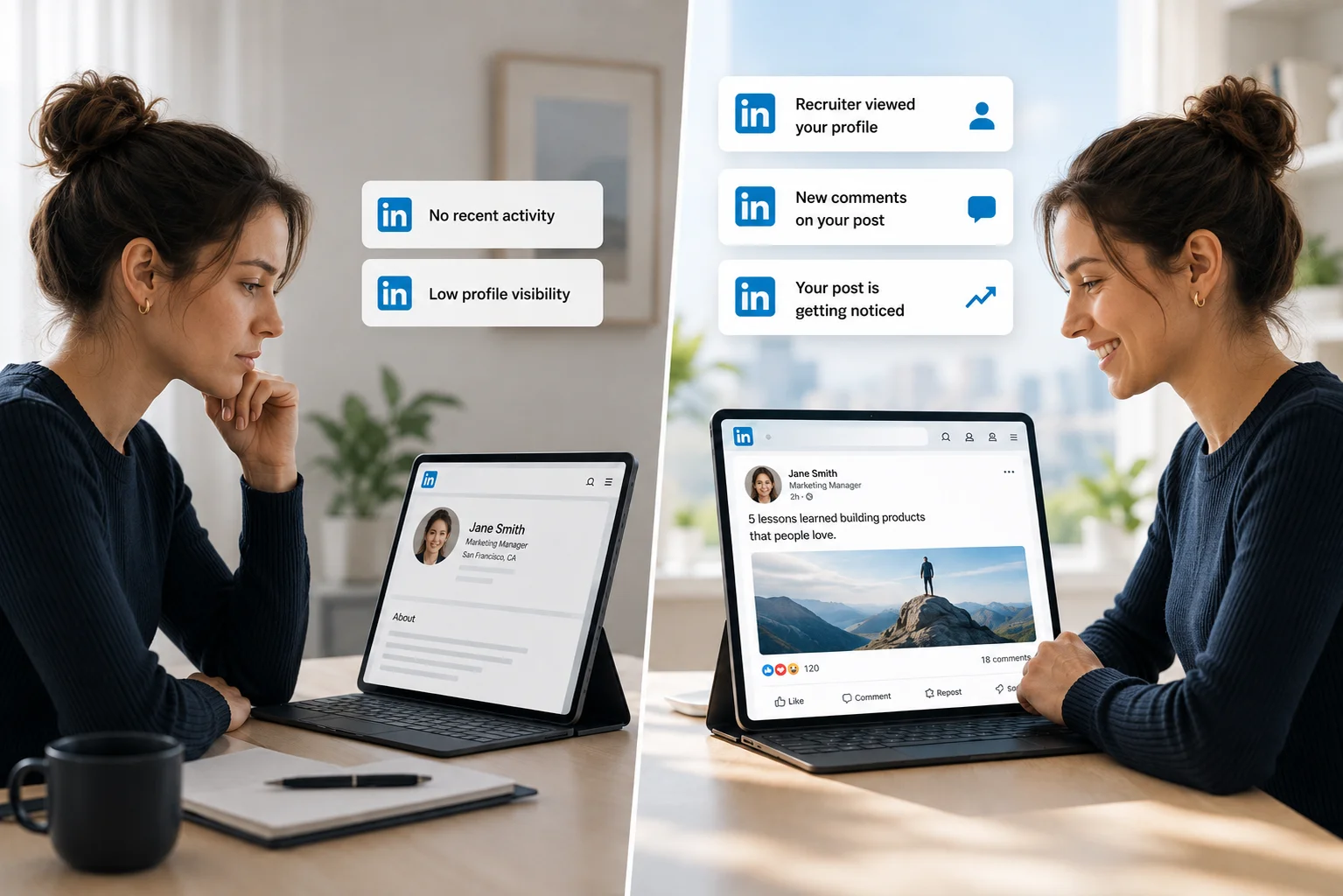 Comparison of an inactive LinkedIn profile and an active professional LinkedIn presence